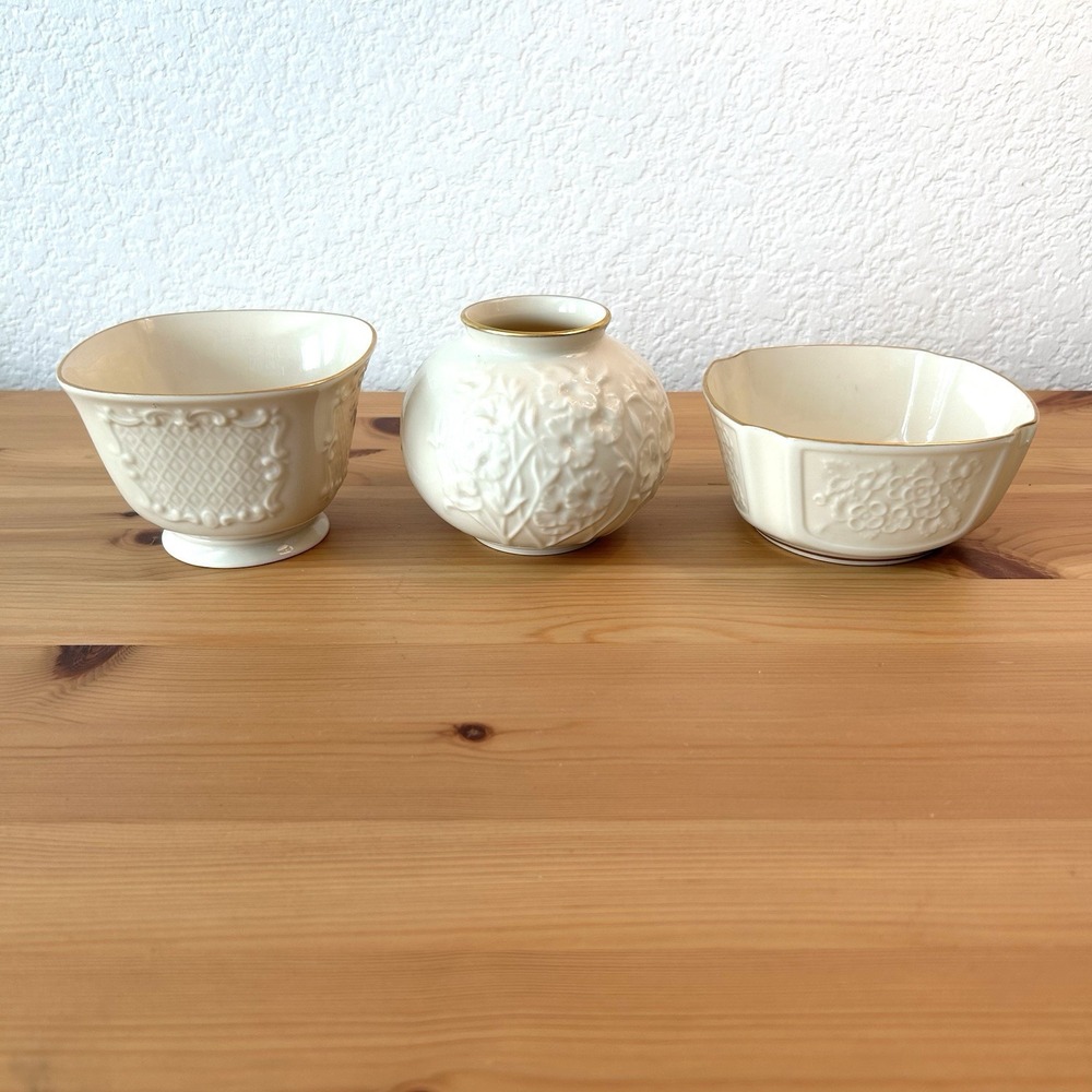 3 Vintage Lenox Ivory China 24K Gold Trim Nut Bowl Candy Dish Vase Sugar